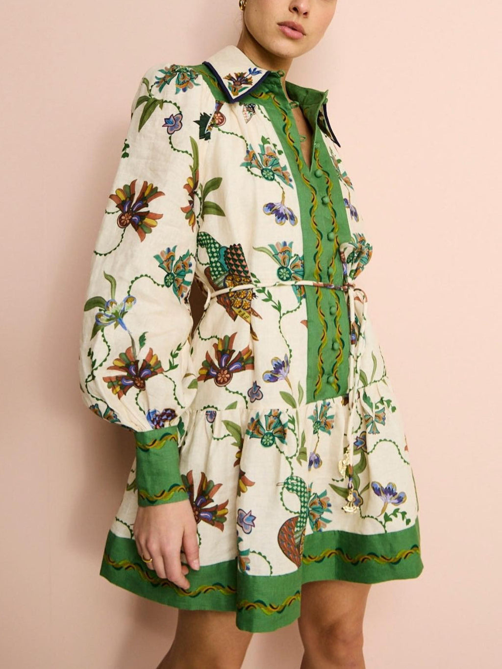 Vintage Flip-Print Long-Sleeve Mini Dress