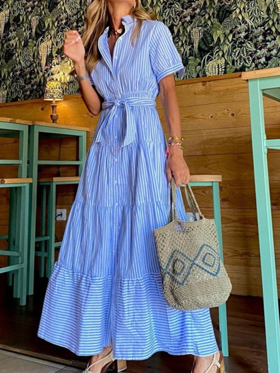 Fashion Striped Tiered Mid Dress